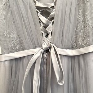 PROM DRESS👗Dusk Blue Tulle Sleeveless Long Lace Embroidered Dress